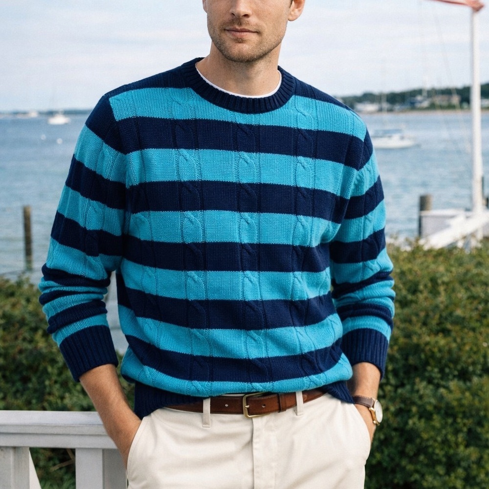 Brooks Brothers Retro Striped Cotton Knit Sweater Blue Navy Pullover Men’s XL